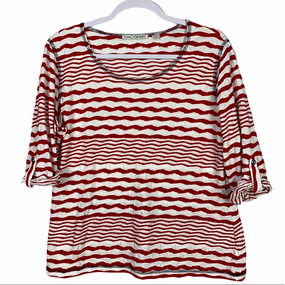 Sno Skins Striped White Red Scoop Neck Stretch Top